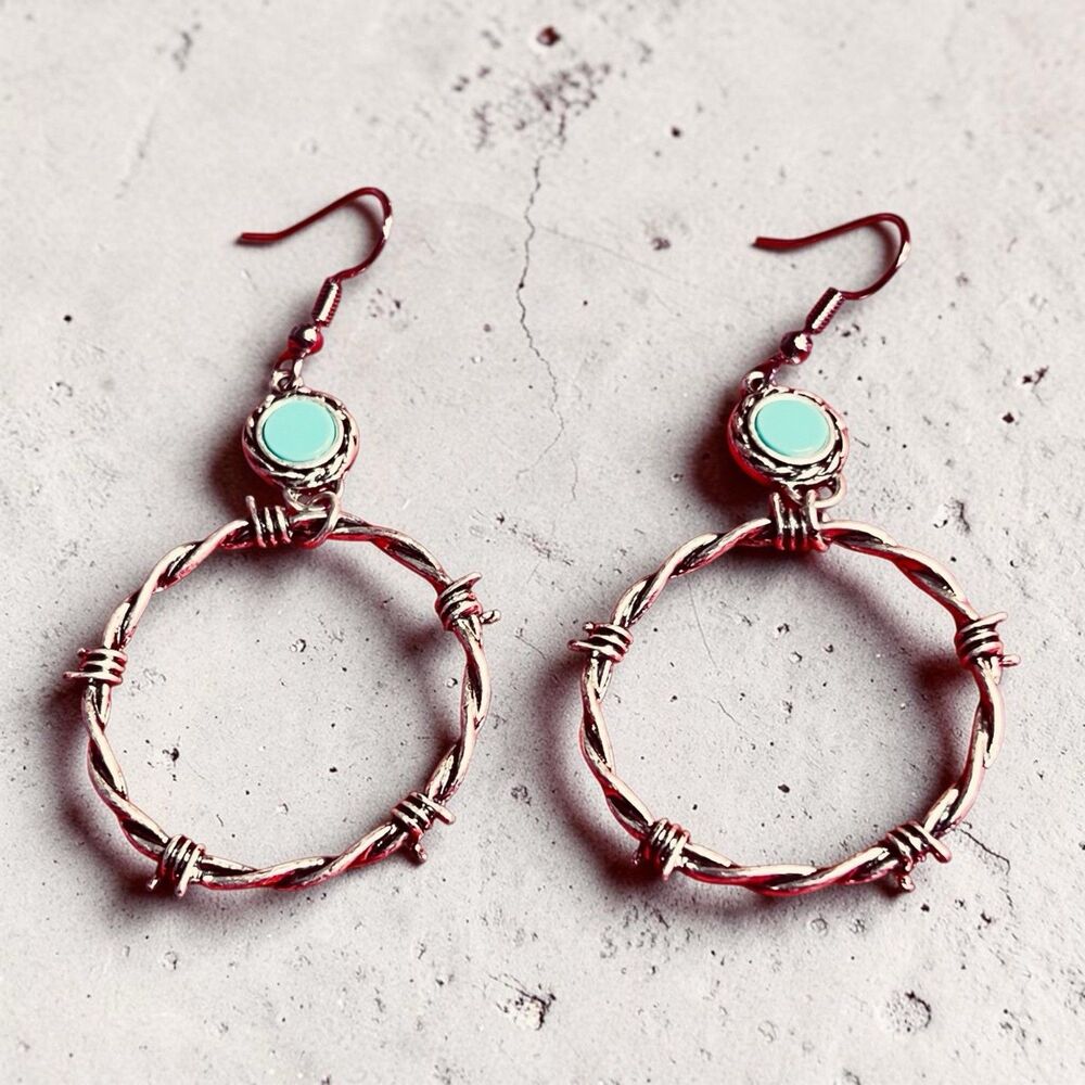 Turquoise And Silver Tone Barbwire Hoop Earrings New